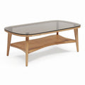 Table basse en bois avec plateau en verre et étagère en rotin 120 x 60 x 45cm