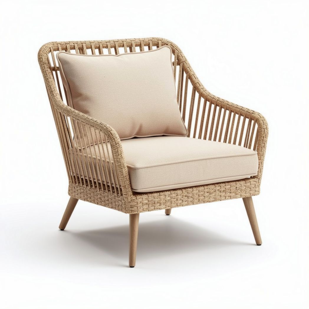 Fauteuil en rotin tressé avec coussin beige 80 x 70 x 80cm
