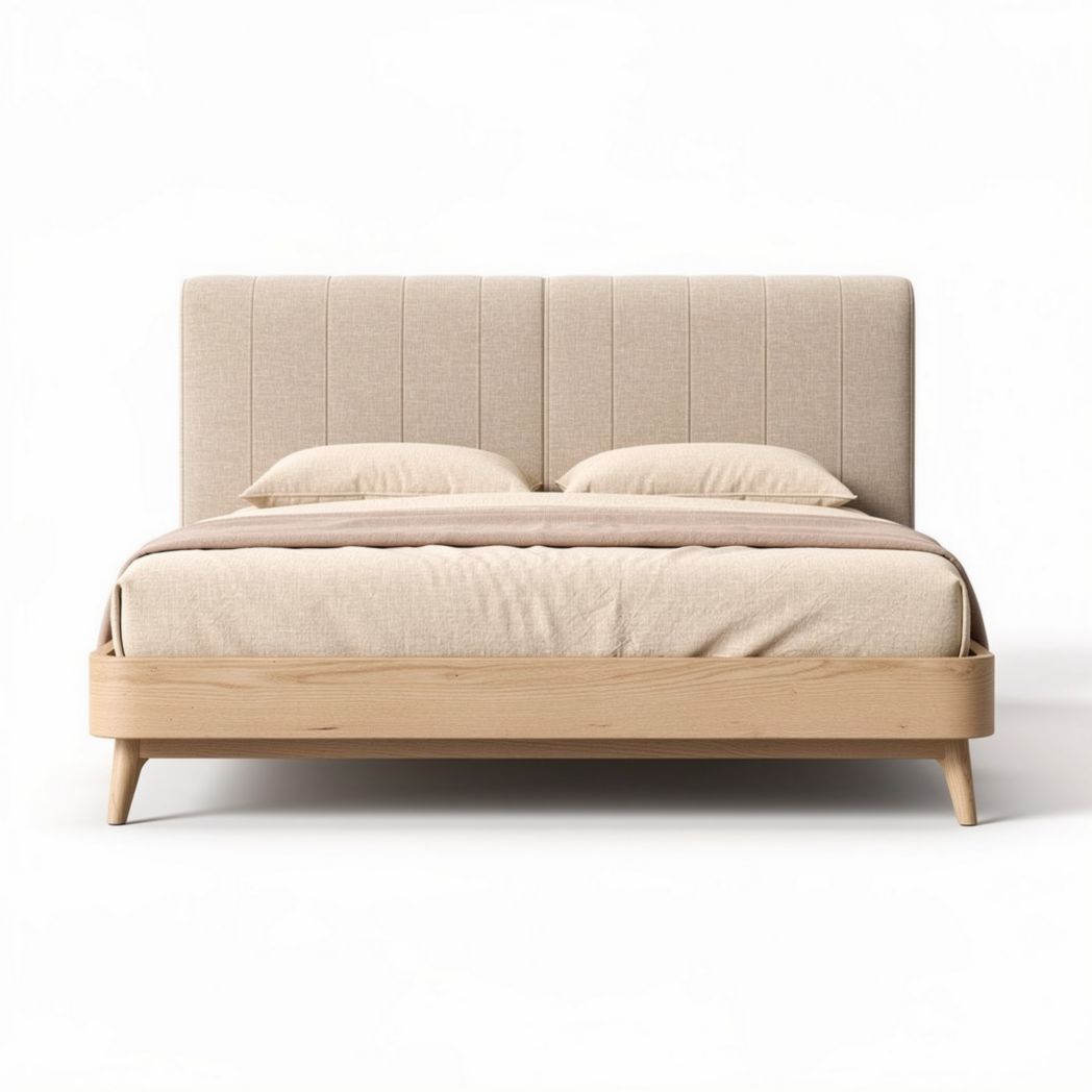 Lit en bois naturel avec tête de lit rembourrée beige 200 x 160 x 100cm