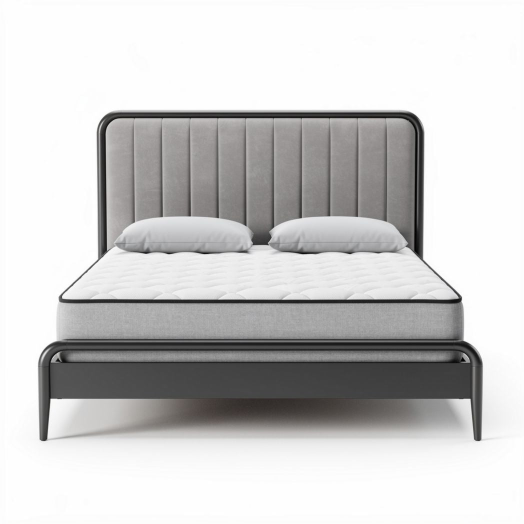 Lit double en métal avec tête de lit rembourrée en tissu gris 200 x 160 x 100cm