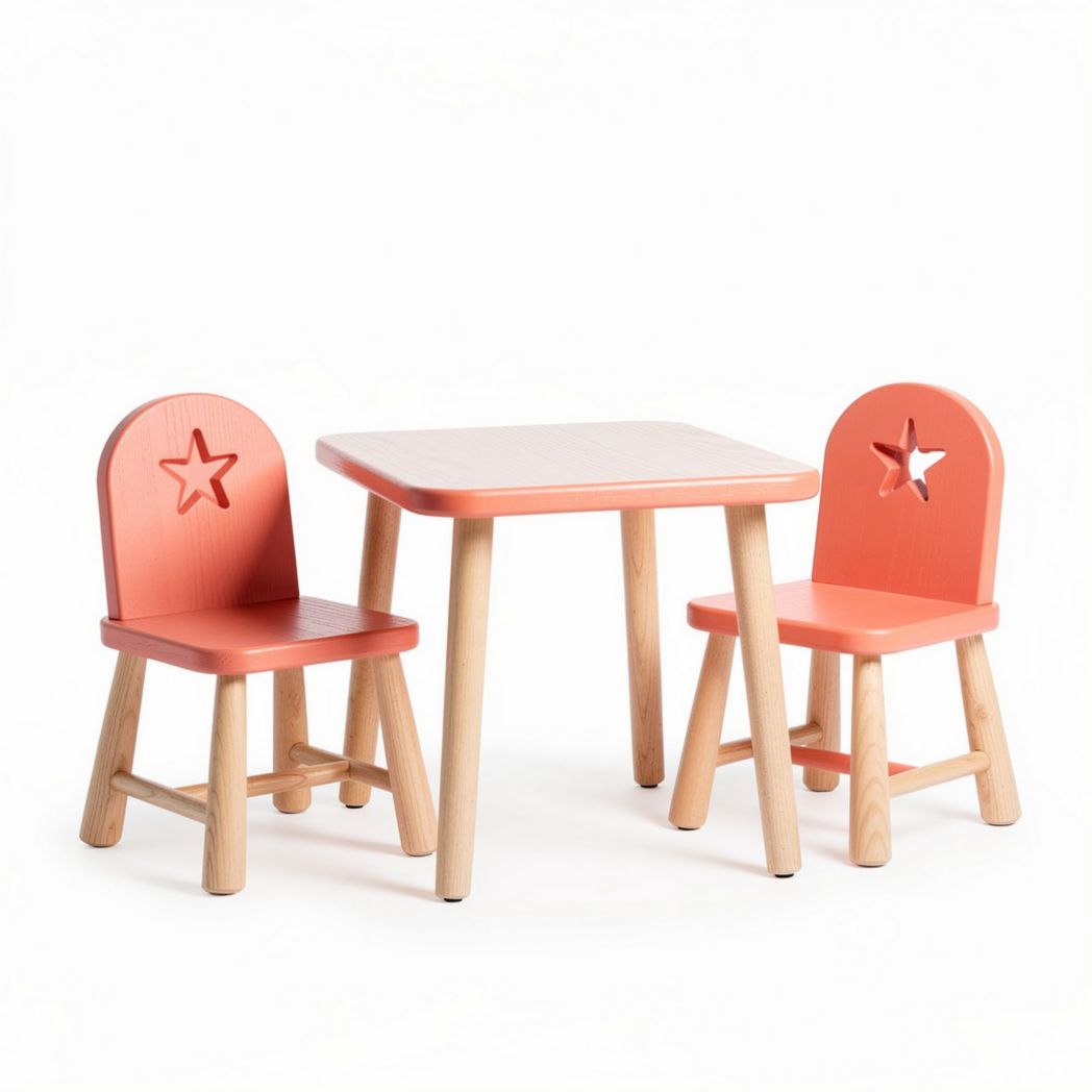 Table et chaises pour enfants en bois de hêtre couleur corail dimensions 60 x 40 x 50 cm