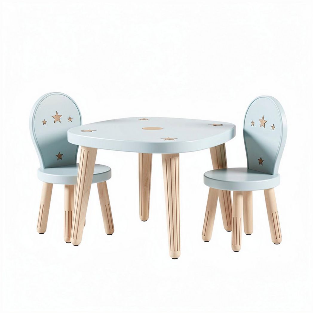 Table et chaises pour enfants en bois bleu 60 x 60 x 50cm décorées d'étoiles