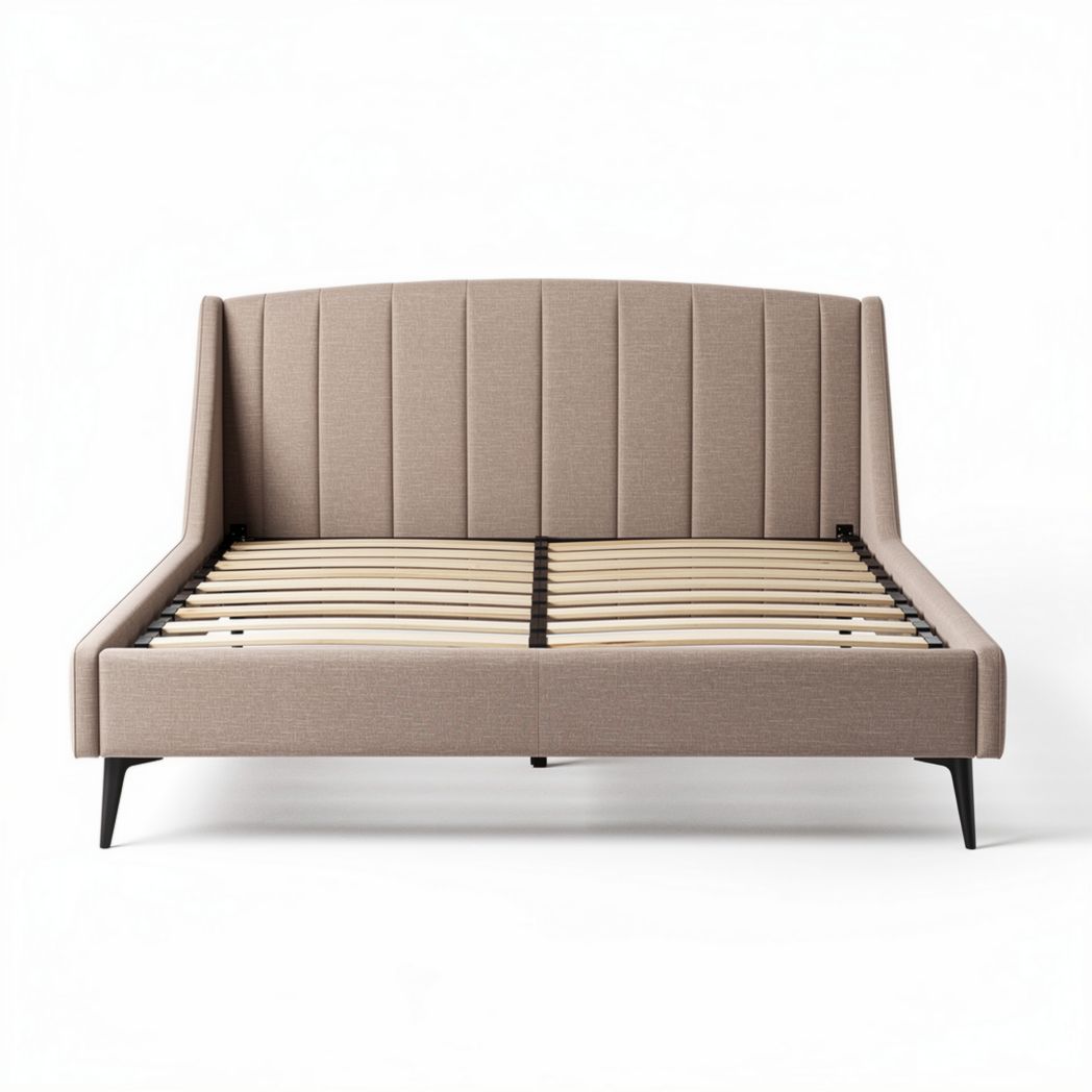 Lit tapissier en tissu beige avec sommier à lattes 210 x 160 x 100cm