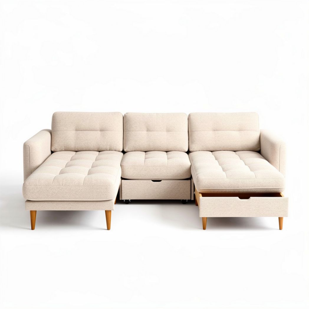 Canapé d'angle en tissu beige avec rangement dimensions 200 x 150 x 90cm