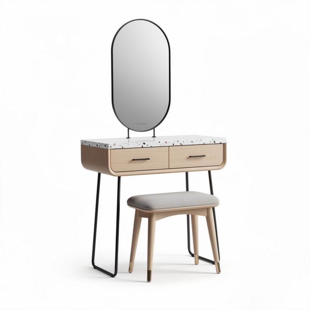 Coiffeuse moderne avec miroir ovale et deux tiroirs en bois beige 90 x 40 x 150cm